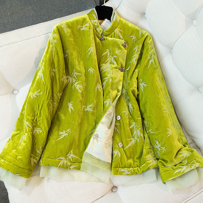 녹색 중국 스타일 실크 + 벨벳 두꺼운 면화 코트 여성 겨울 새로운 스탠드 칼라 라글란 소매 복고풍 자수 재킷 S-XL